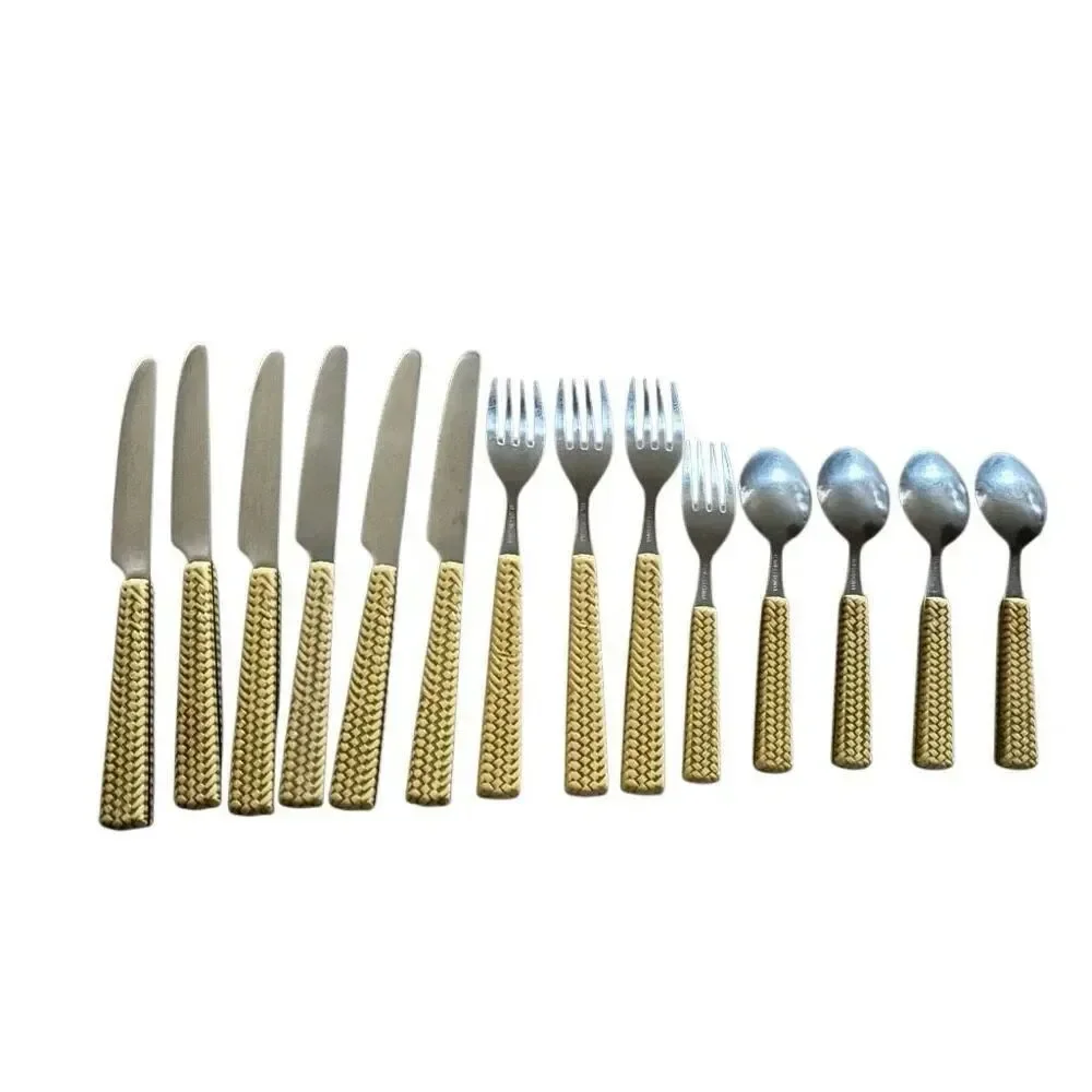 Faux Weaved Bamboo Flatware Lot Of 14